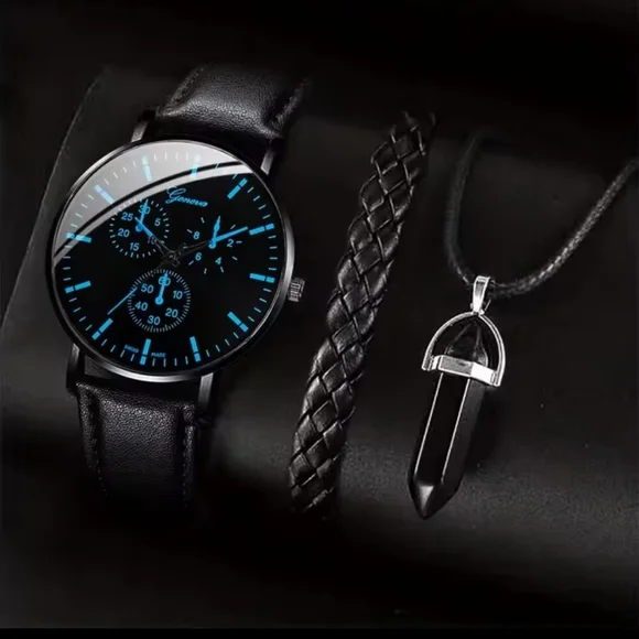 Men's Watch Bracelet Set Leather Necklace Braided Black New f76 - Picture 1 of 4